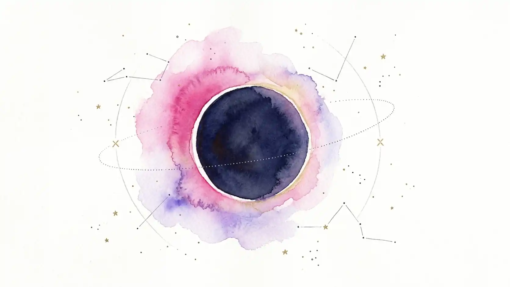 Watercolour solar eclipse: a deep indigo Moon disc in a thin gold corona, a pink-and-violet glow around it, a dotted arc of the ecliptic crossing the disc with two small gold node marks