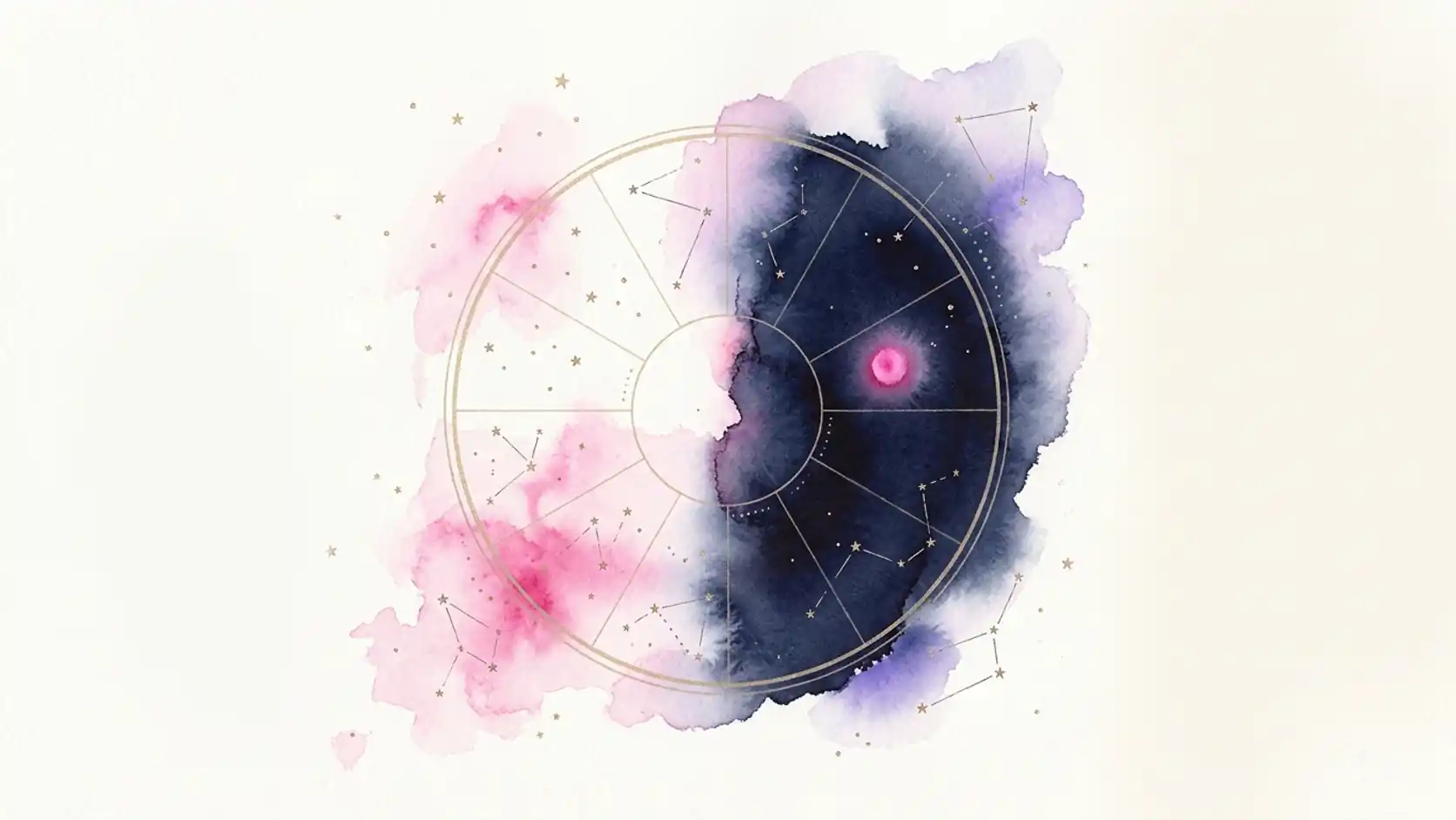 Watercolour natal chart wheel: the left half light, in pink washes and gold stars, the right half sinking into a deep indigo shadow with a single pink planet glow
