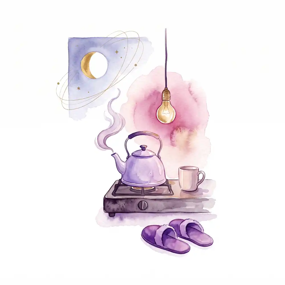 Watercolor: a lavender kettle steaming on a stove under a single bare bulb, a mug and slippers nearby; a waning gold moon in the corner.