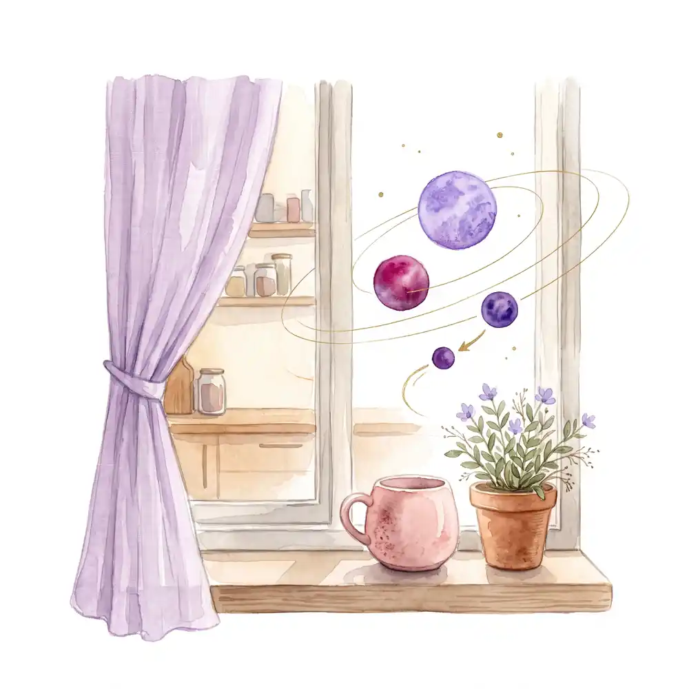 Watercolor: a window with a purple curtain, a mug, and several planets, as if browser tabs have scattered through the air.