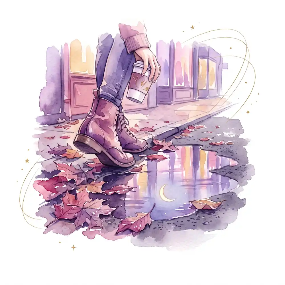 Watercolor: autumn leaves on wet asphalt, a paper cup in hand, the evening city and a thin crescent reflected in a puddle.