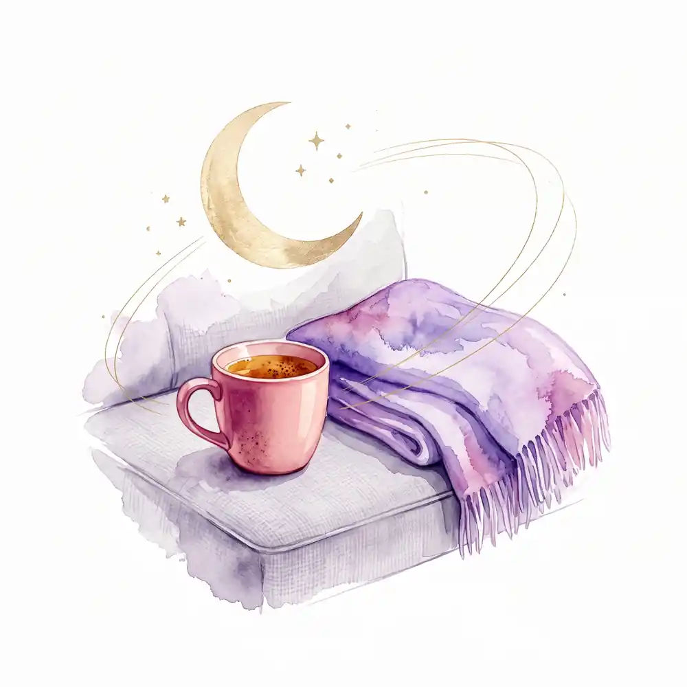 Watercolor: a mug of tea and a folded blanket on an empty sofa, with a calm golden crescent Moon above them.