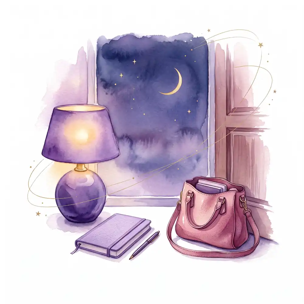 Watercolor: a desk lamp with warm light, an open book with no text, and a cup of coffee on a windowsill nearby.