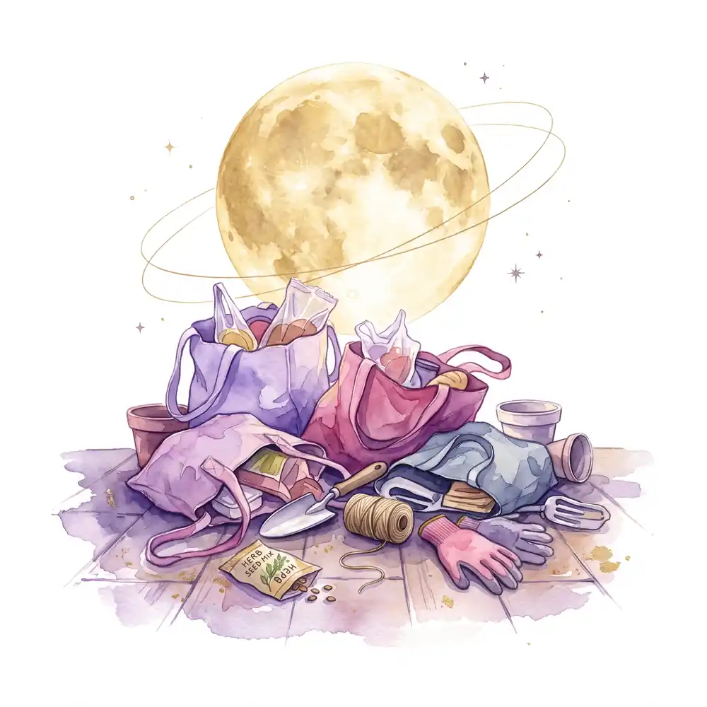 Watercolor: abandoned grocery bags on a balcony floor, with a large full moon shining brightly above them.