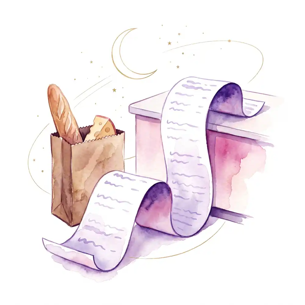 Watercolor: a long store receipt ribbons down from the register, a bag with a baguette and cheese beside it, a thin waning crescent in the corner.