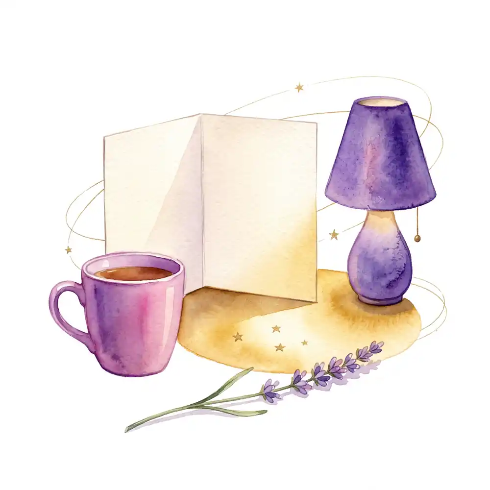 Watercolor: a blank postcard next to a pink mug and a purple lamp, with a sprig of lavender lying on the desk.