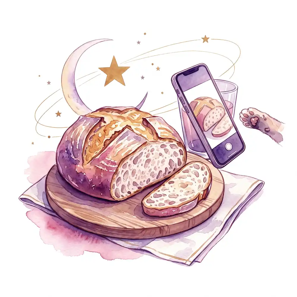 Watercolor: a round homemade loaf on a board with a linen towel, a phone propped against a glass, a cat's paw reaching in; a crescent and a large gold star above.