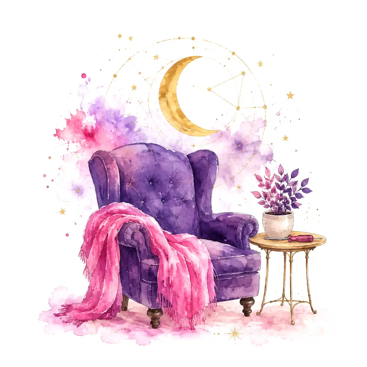 Watercolor: a purple armchair with a pink throw blanket and a small table with a plant and a screwdriver under a golden crescent moon.