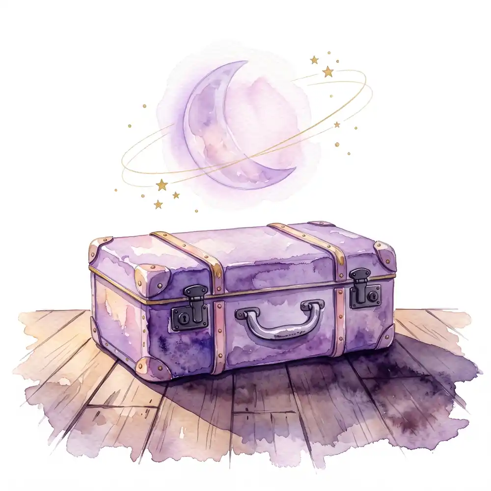 Watercolor: a heavy suitcase on a wooden floor, with a pale purple half moon above it.