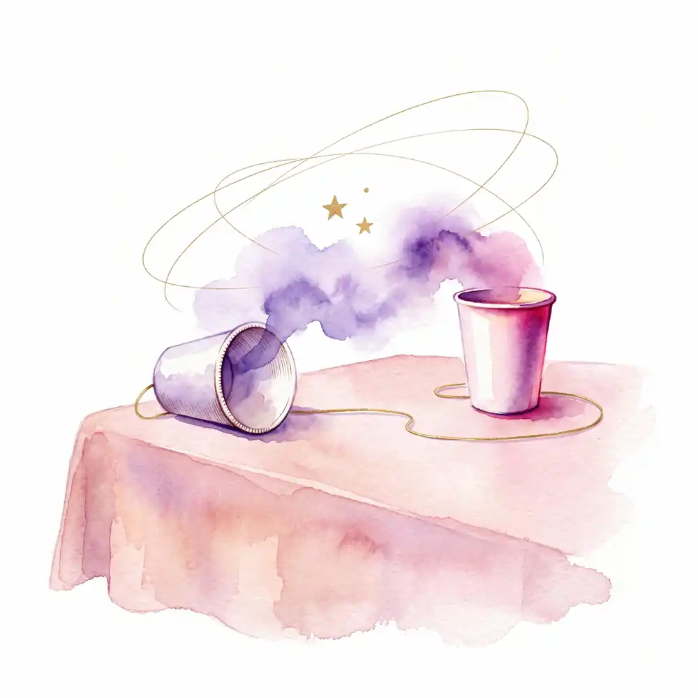 Watercolor: two paper cups connected by a taut string, next to a phone with a blank screen on a pink table.