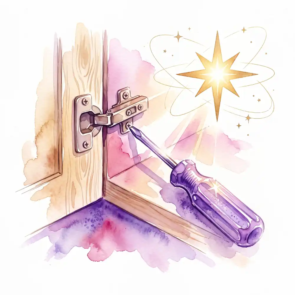 Watercolor: a violet screwdriver rests beside a cabinet hinge, with a bright gold star shining confidently in the corner.