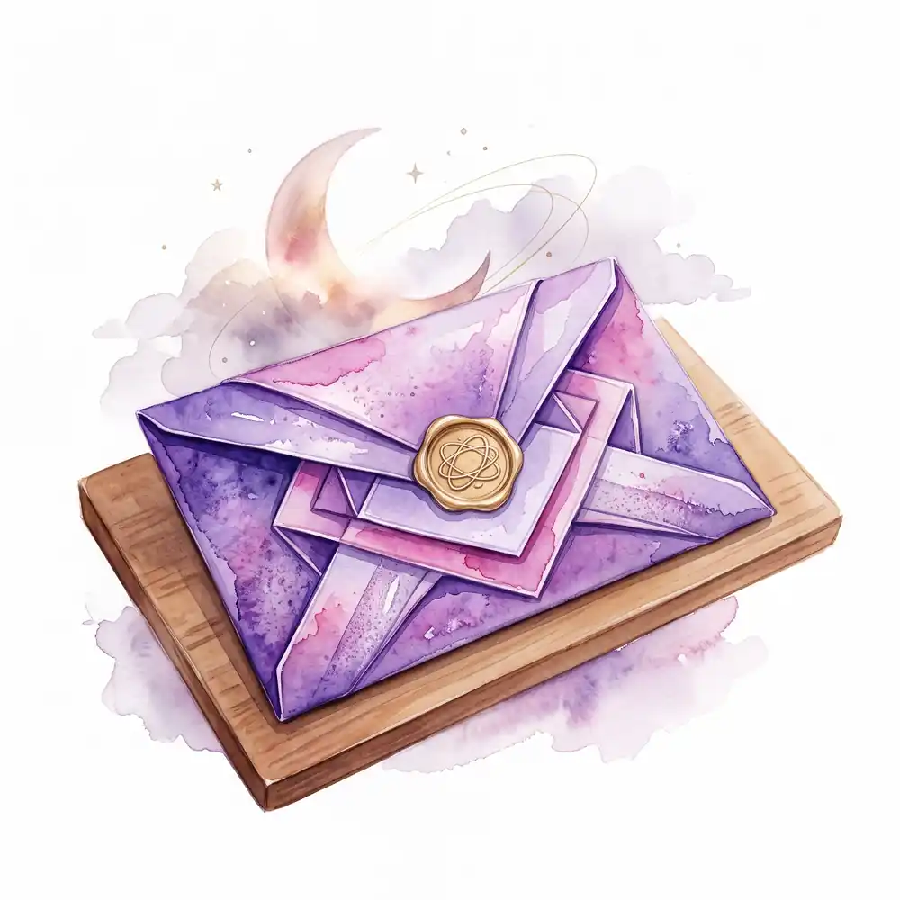 Watercolor: an intricately folded envelope rests on an empty desk, while the moon hides behind a thin haze.