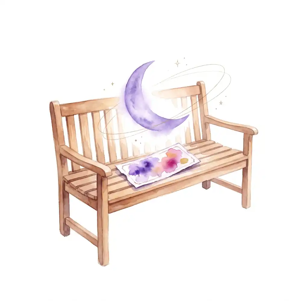 Watercolor: a paper number ticket forgotten on an empty bench, a blurred purple crescent moon hanging above it.