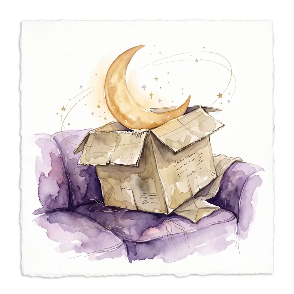 Watercolor: a cardboard box sits awkwardly on a sofa, with a glowing golden crescent on its edge.
