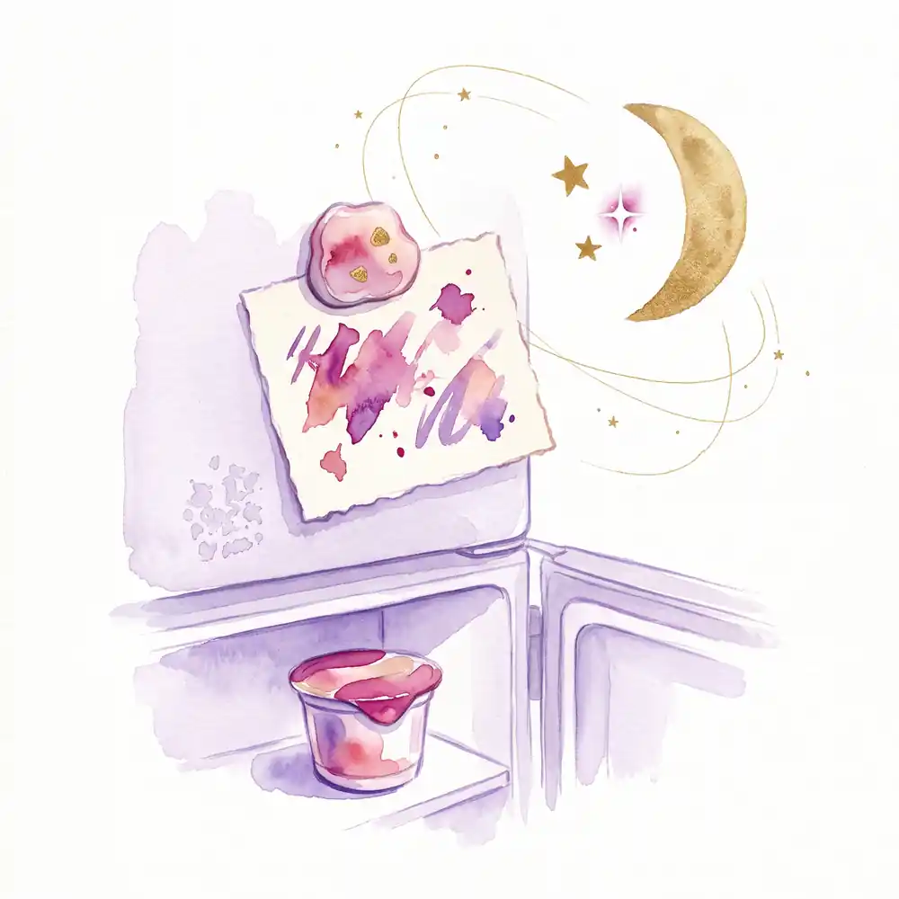 Watercolor: an office fridge door with a note under a souvenir magnet, a strawberry yogurt on the shelf; a waning moon between two stars above.