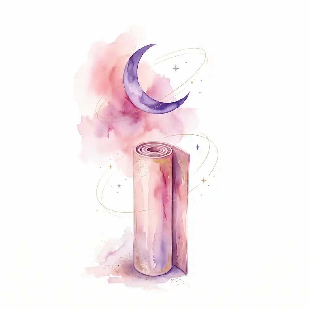 Watercolor: a rolled pink yoga mat sits forgotten in a corner, with a bright violet crescent moon hanging above it.