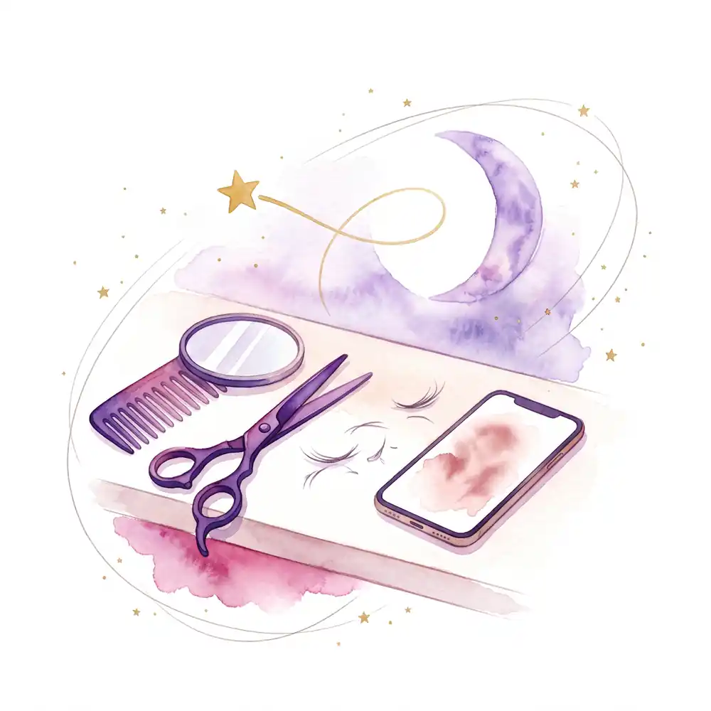Watercolor: violet scissors and a comb by a round salon mirror, a phone with an old snapshot beside them; above, a gold star loops backward.