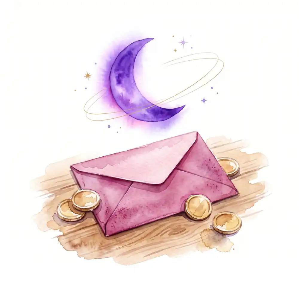Watercolor: a pink envelope on a desk and a couple of gold coins, with a bright purple moon above them.
