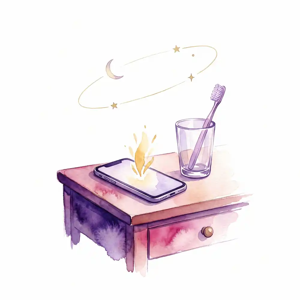 Watercolor: a phone on a small table next to a glass with a toothbrush; a thin waning crescent and two stars on a gold orbit above.
