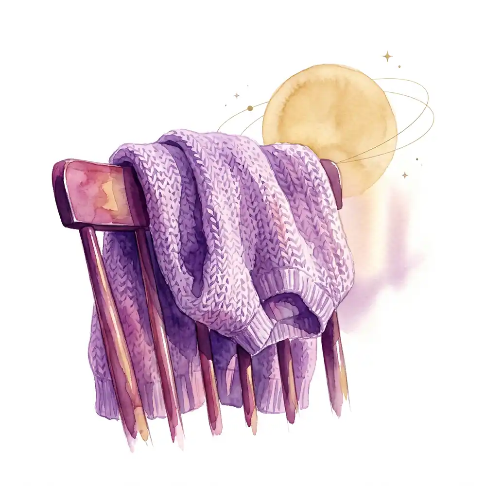 Watercolor: a thick wool sweater carelessly tossed onto a chair in the rays of the golden autumn sun.