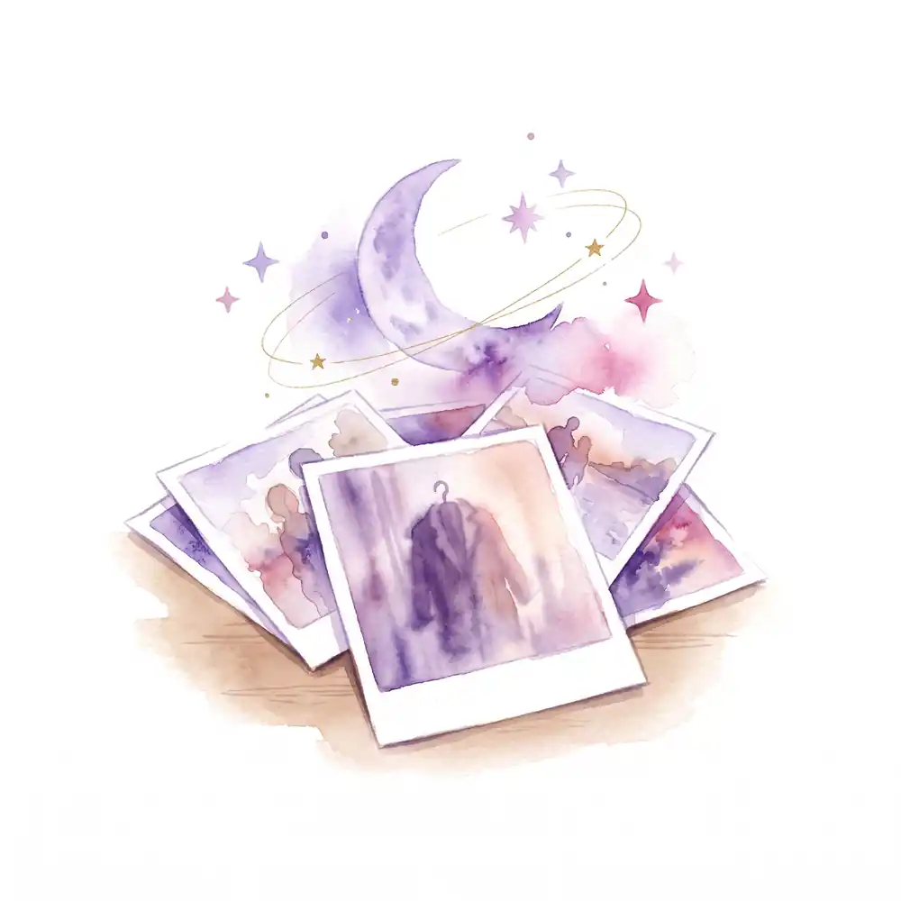 Watercolor: a stack of old printed photos on a table, with a pale moon and distant stars in the background.