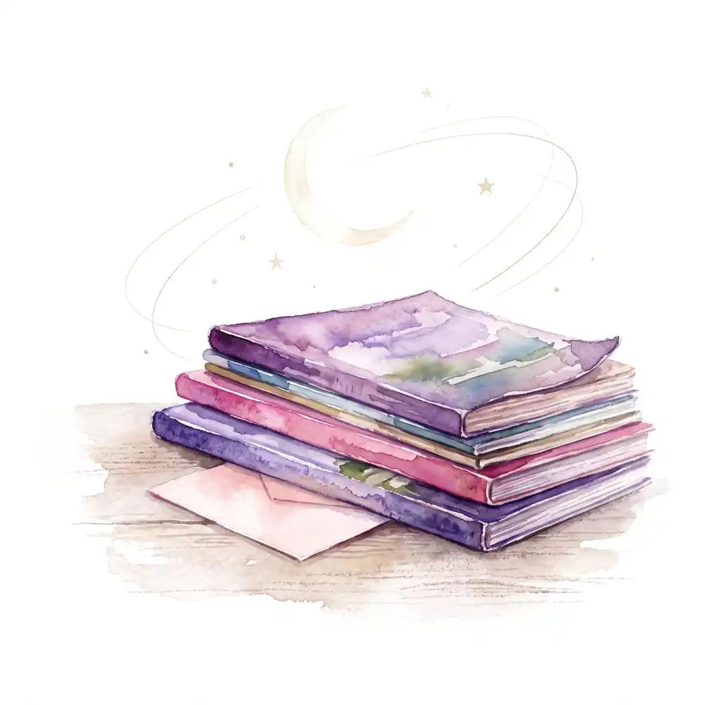 Watercolor: a bank card is forgotten under a stack of old magazines, an almost invisible moon hangs in the air.