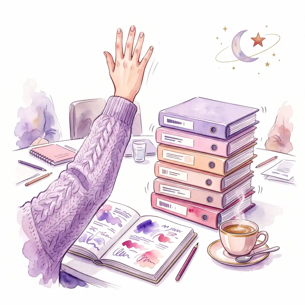 Watercolor: a hand in a lilac sleeve raised over a meeting table next to a notebook and a stack of folders; a thin crescent and a warm reddish star above.