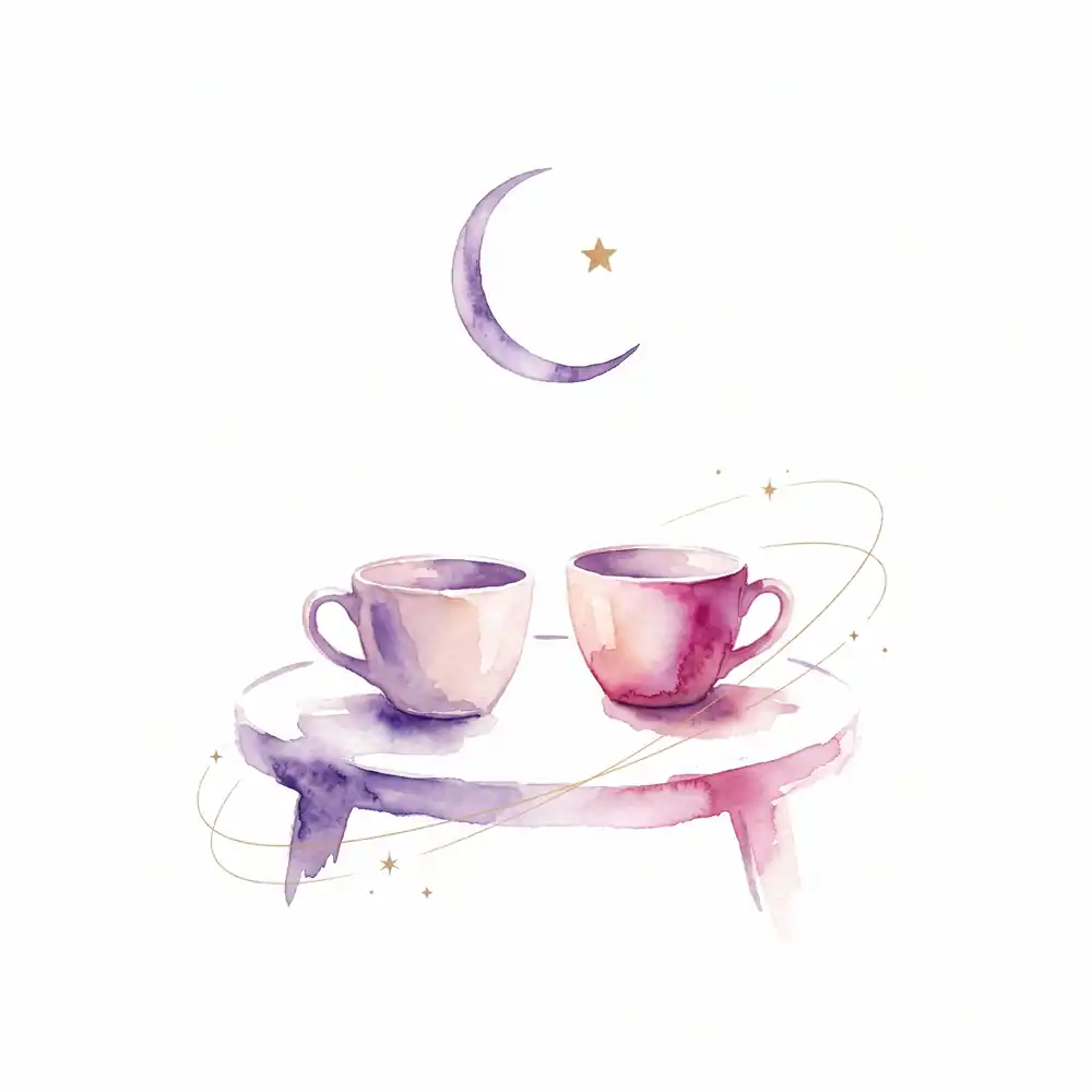 Watercolor: two empty mugs on a small table, a thin waning crescent moon and a small star above them.