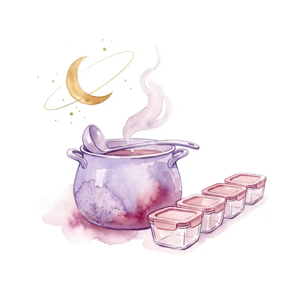Watercolor: a big lavender soup pot with a ladle and five glass containers in a row; a waning half moon above.