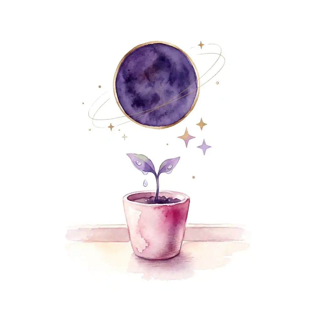 Watercolor: a small sprout in a ceramic pot on a windowsill, and above it, the dark disk of a new Moon with a thin gold rim.