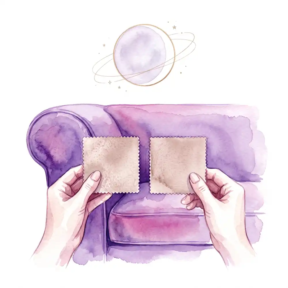 Watercolor: two hands hold almost identical beige upholstery swatches over a couch armrest, a pale new Moon disk above.