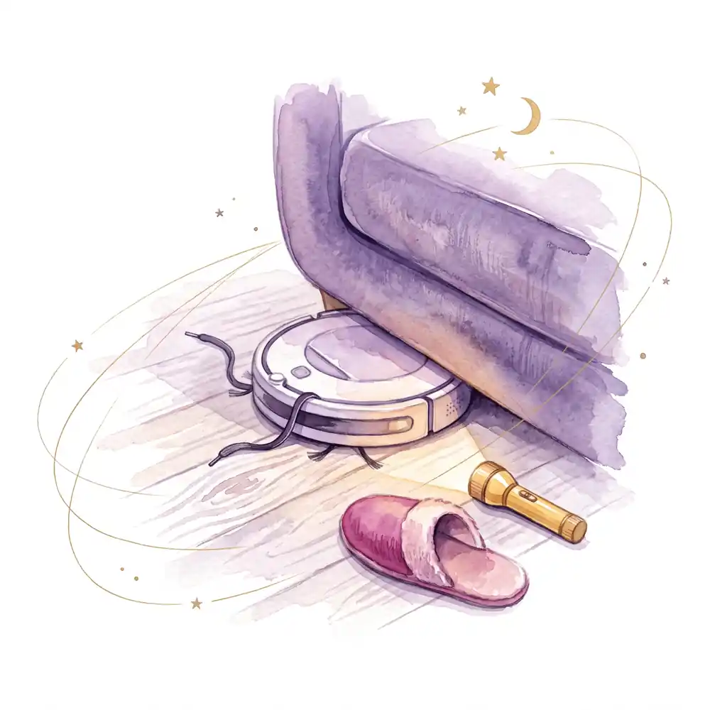 Watercolor: a round robot vacuum stuck under the edge of a couch, a shoelace tangled in its brush, a slipper and a flashlight beside it; a couple of gold stars above the couch.