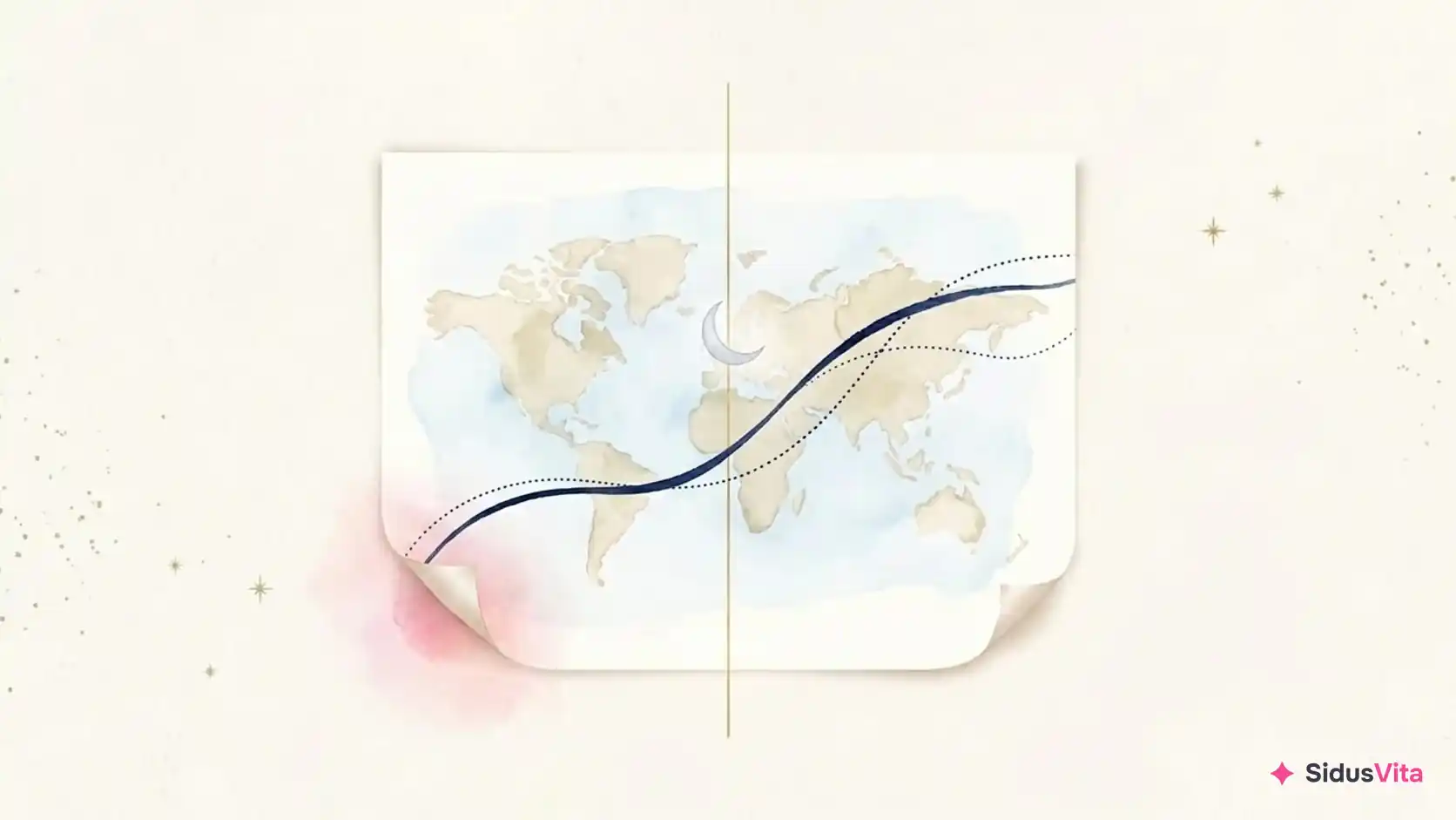 Watercolor of a world map on a sheet of paper with curled corners, crossed by a thin gold vertical line and two navy curves, one solid and one dotted, with a small silver crescent moon near the gold line, a pink wash under one corner and gold sparkles around