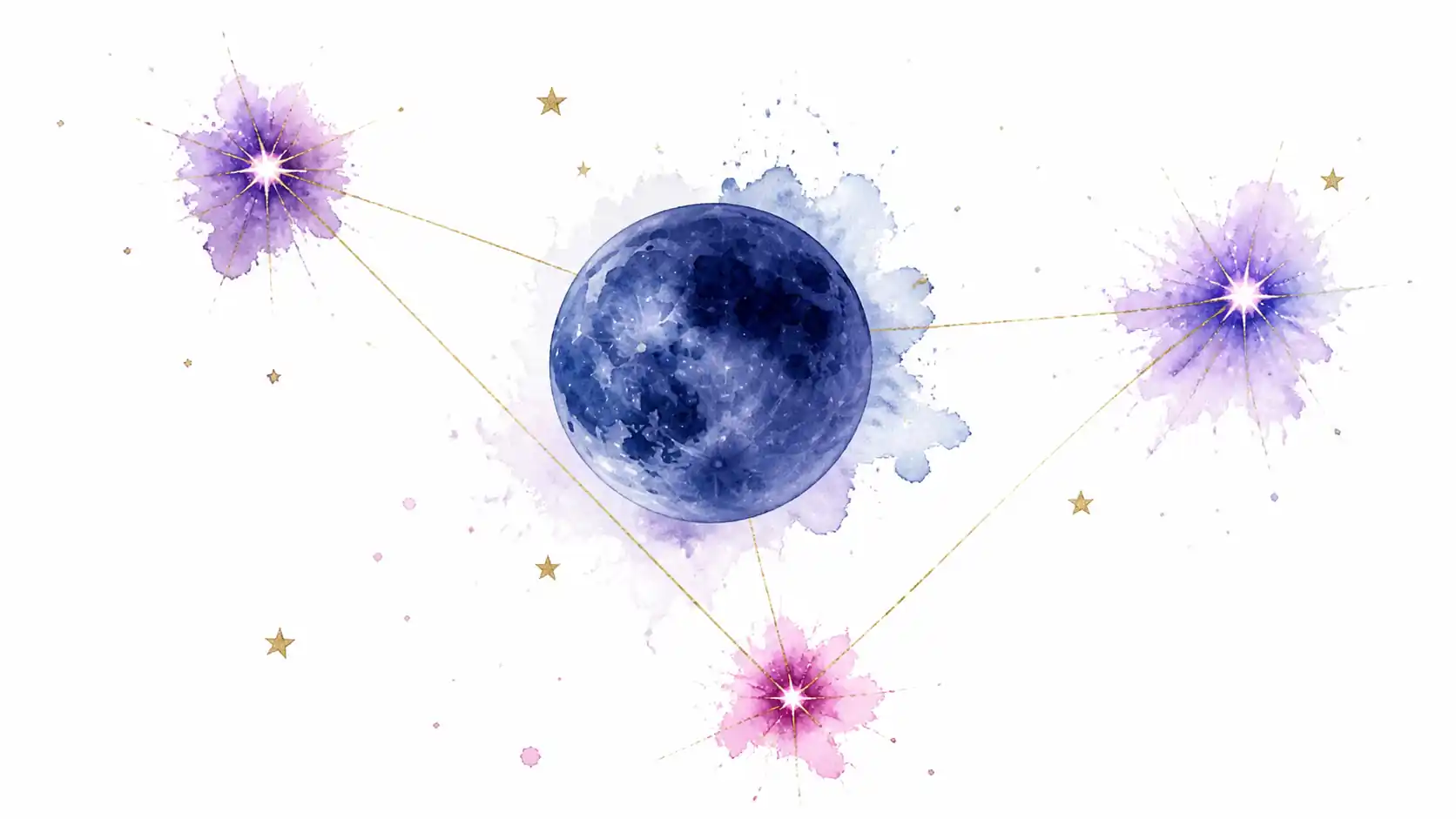 Watercolour Black Moon connected to distant star points by fine gold angular lines