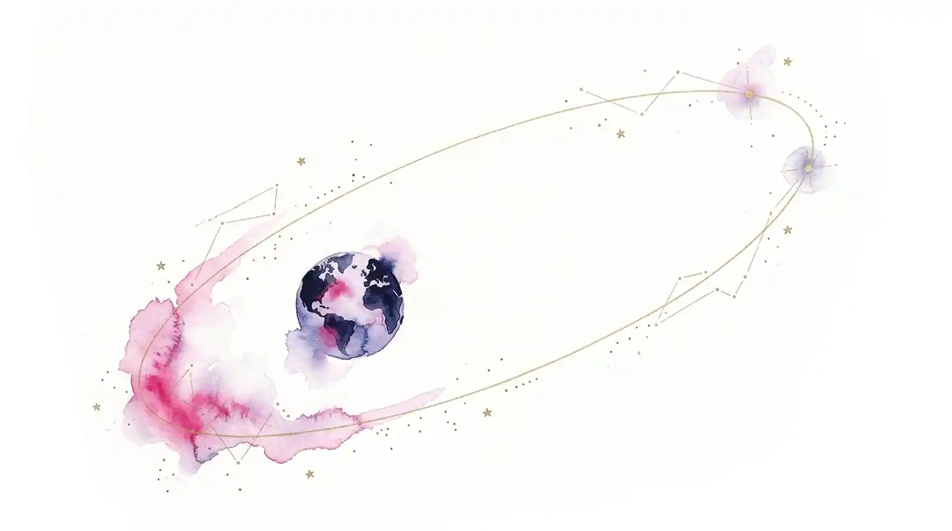 Watercolour illustration of the Moon's elliptical orbit with two markers at its far end