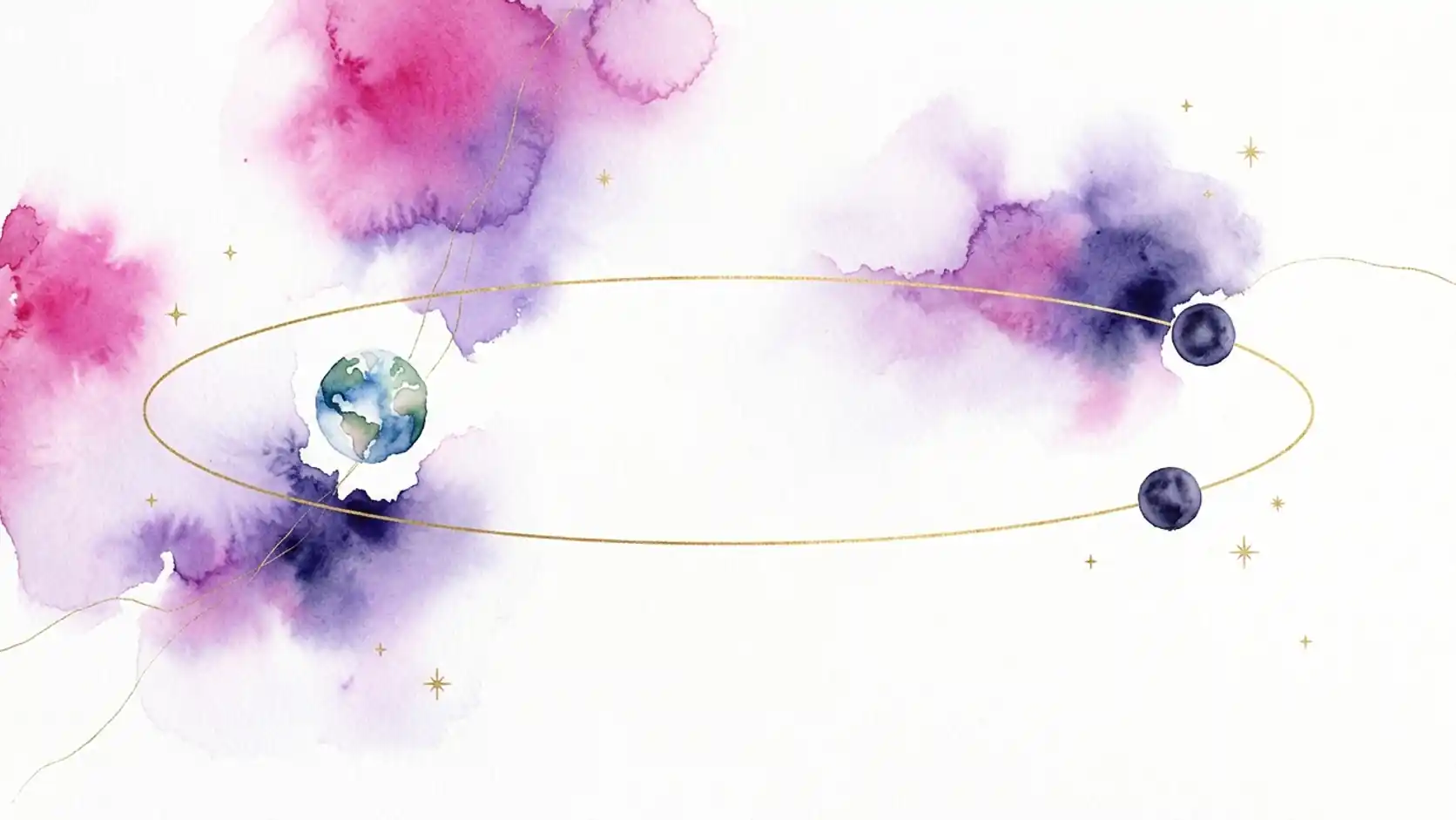 Watercolour elongated lunar orbit in a gold line: Earth at the near end, two dark moons at the far end, one on the line and one slightly off it