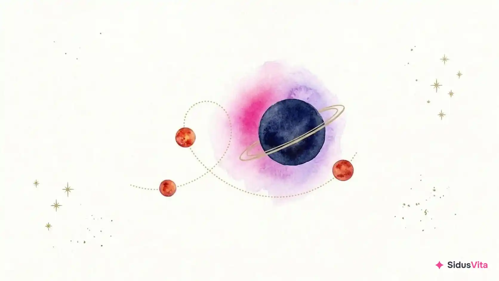 Watercolor of a dark navy ringed planet in a pink and violet wash, with a dotted gold path looping around it and three small red-orange planets along the loop