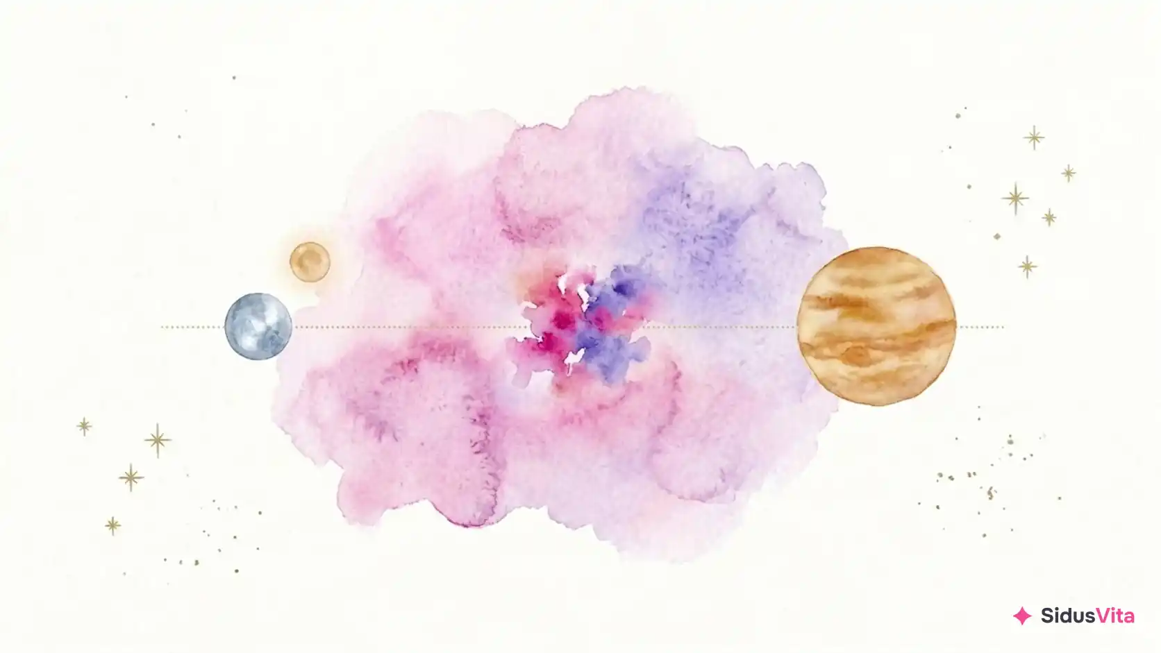Watercolor of a small silver-blue planet with a tiny gold sun above it and a large banded amber planet on the right, joined by a dotted gold line through a pink and violet bloom that bursts in the middle