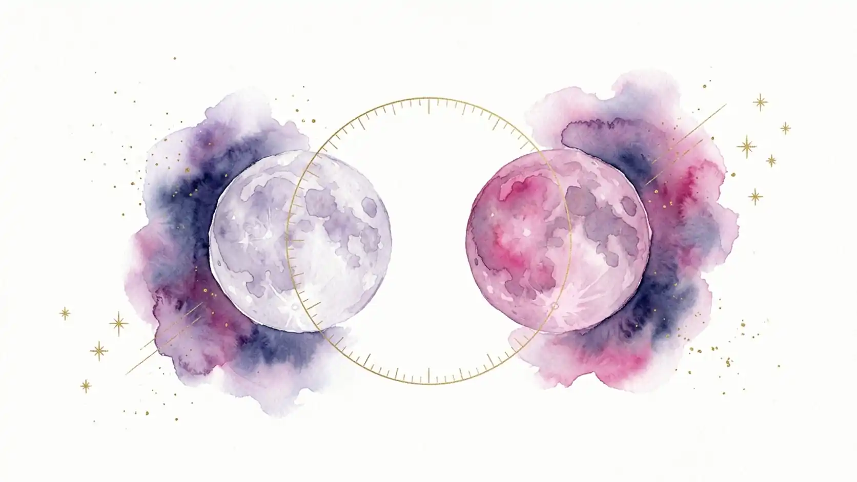 Two watercolour moons, silver and pink, facing each other with a thin gold arc marking the angle between them