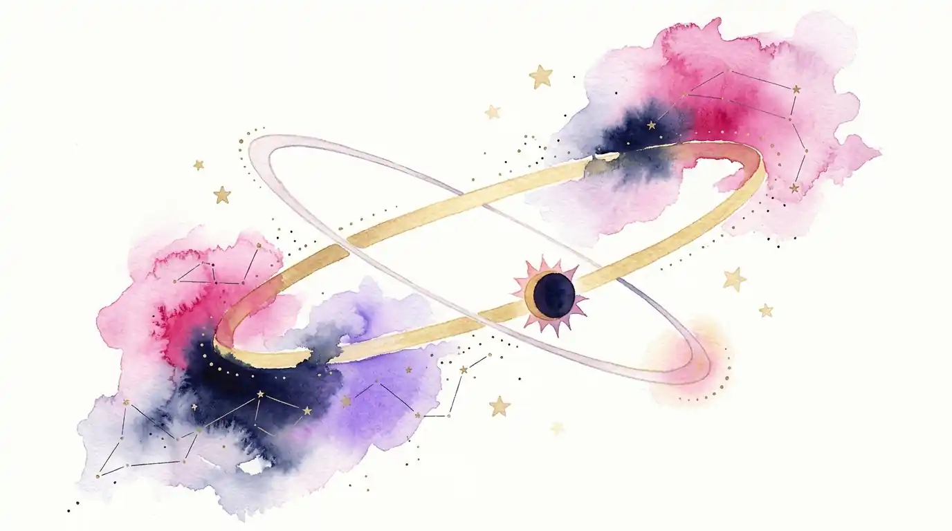 Watercolour: a pale tilted ring of the Moon's orbit crossing a golden band of the ecliptic at two points, the Sun half-covered by an indigo eclipse shadow at one of them
