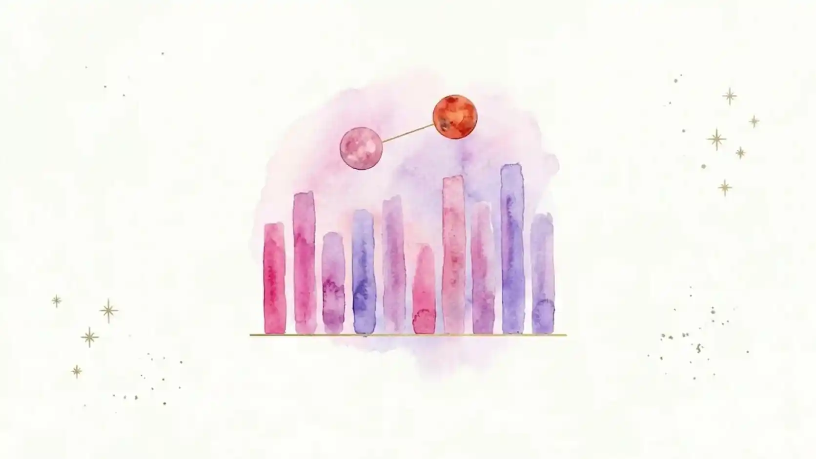 Watercolour bar chart: pink and violet columns of different heights on a thin gold baseline, with a pink Venus and a red Mars sphere joined by a gold thread above them