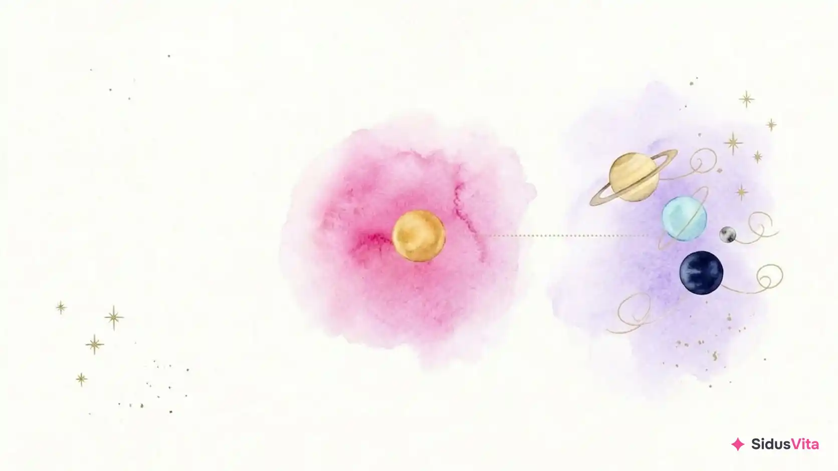 Watercolor of a small gold sun in a pink wash joined by a dotted gold line to four planets bunched in a violet wash, a ringed one, a pale cyan, a deep blue and a tiny grey one, each trailing a gold line that curls into a small loop
