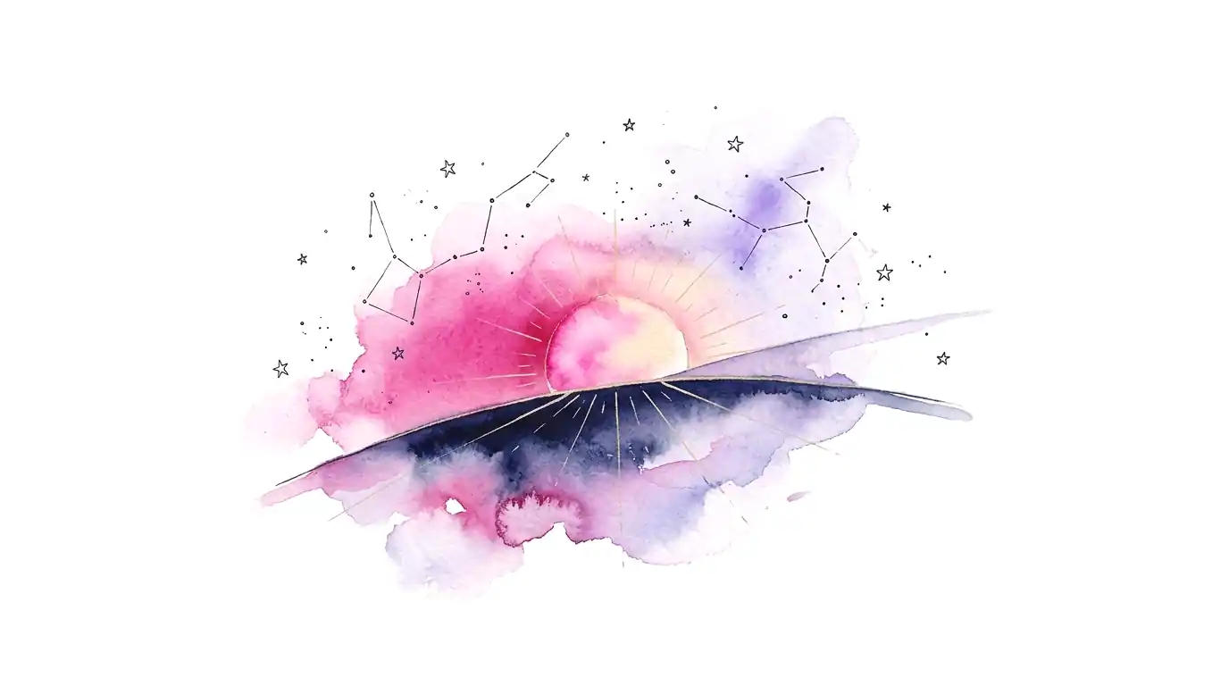 Watercolor sun over a curved horizon, with a second fainter horizon crossing it at another angle