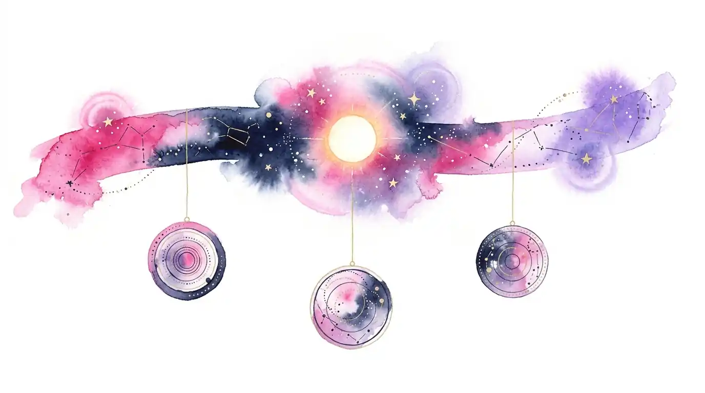 Watercolour illustration: a single horizontal ribbon of light with a sun at its centre and three clock faces hanging beneath it, each showing a different local time