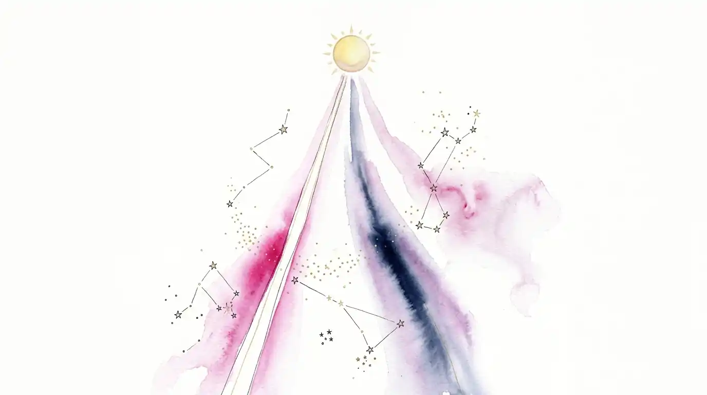Watercolour illustration: one stream of light below a sun splitting into three paths — one crisp, one softly blurred, one fading into haze — for the three levels of birth-time certainty