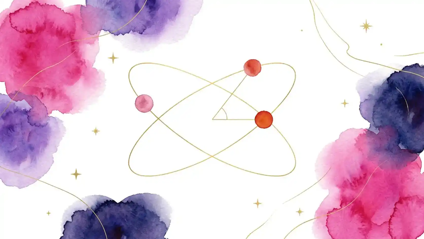Watercolour sketch of two crossing gold orbits carrying a pink sphere and two red spheres, with a thin gold angle drawn between them and pink, violet and indigo washes in the corners