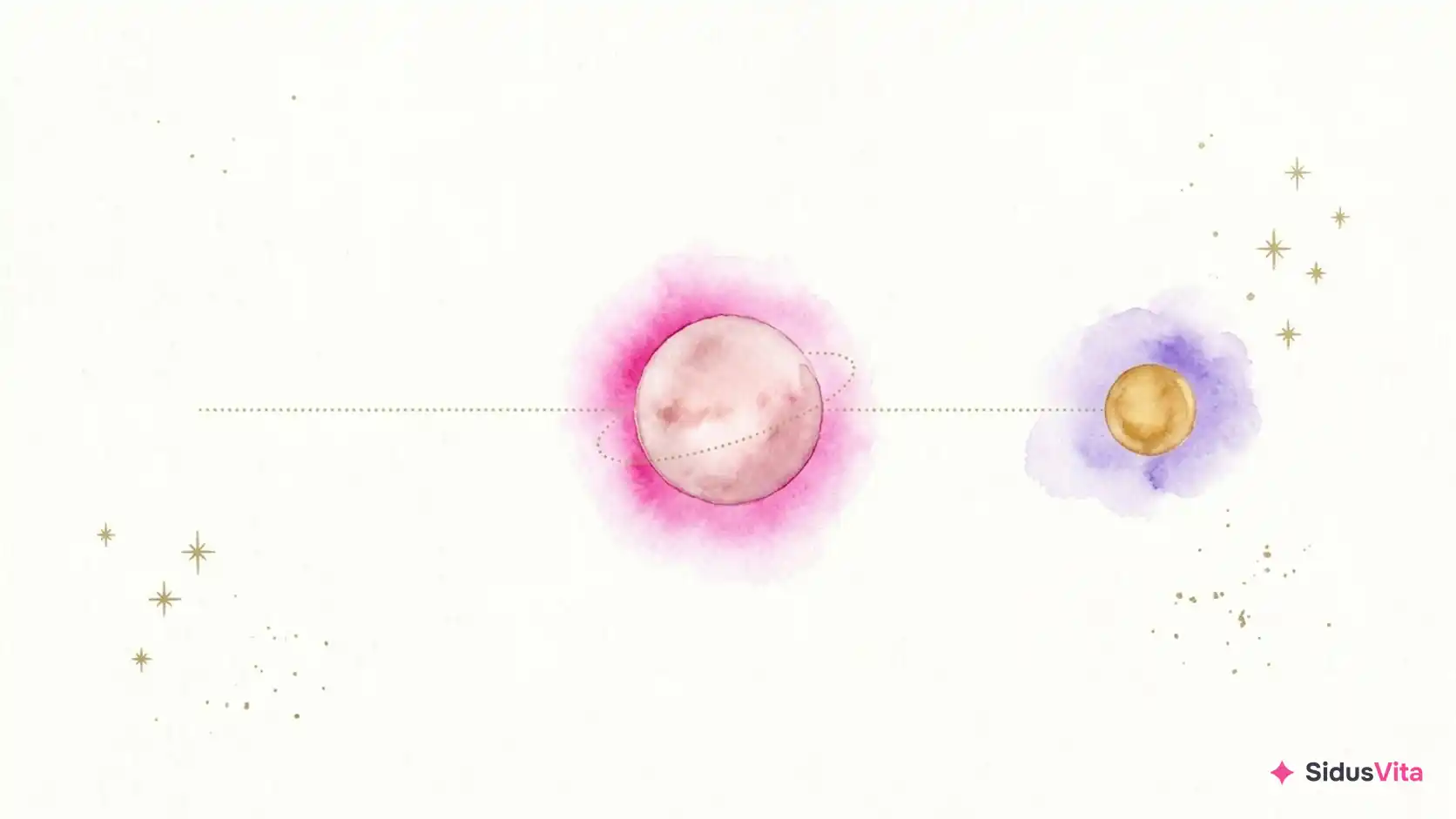 Watercolor of a pale pink planet in a magenta glow on a dotted gold line that loops around it, with a small gold sun in a violet wash to the right