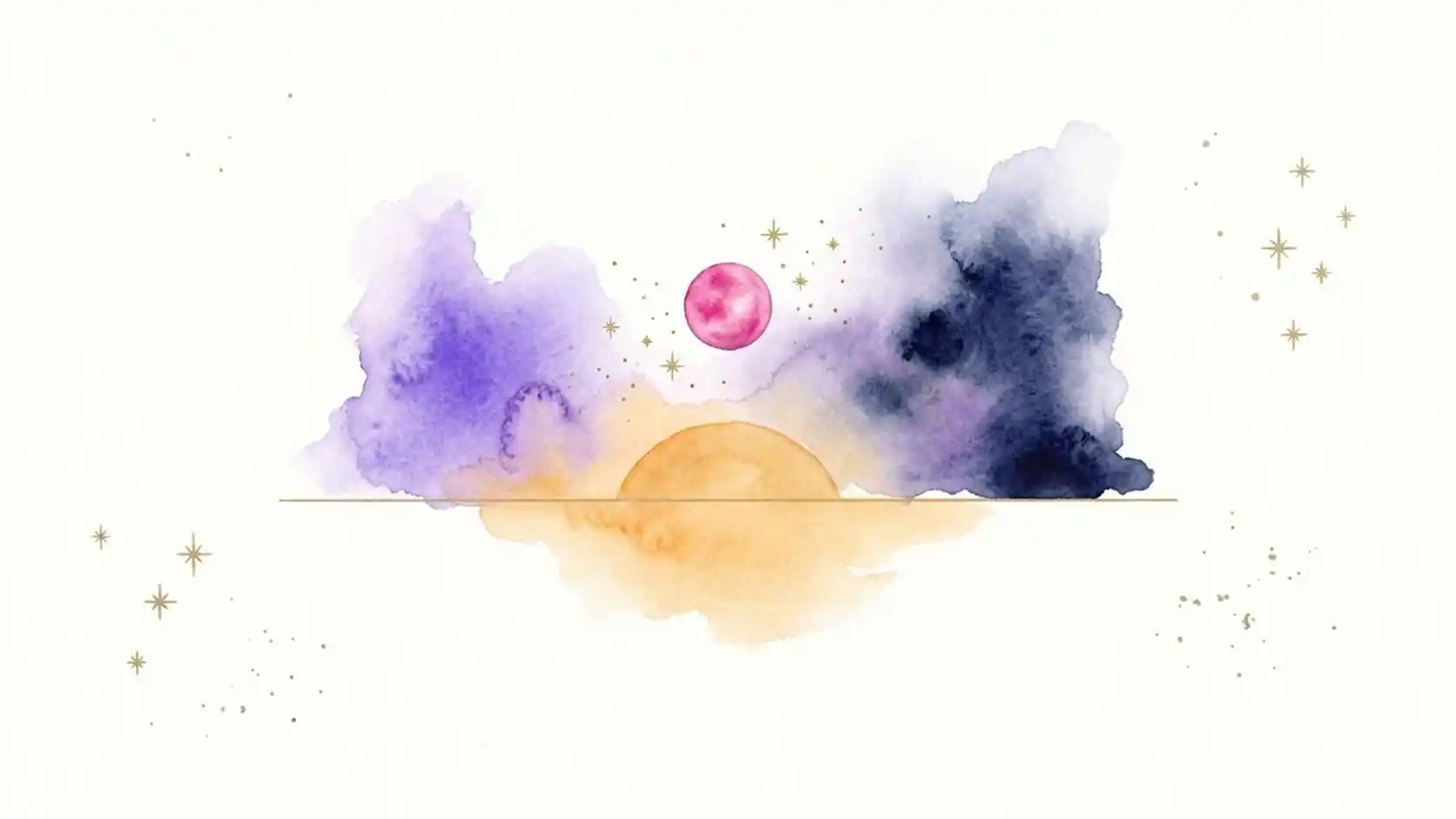 Watercolour dawn: a golden Sun rising on a thin gold horizon line, with a small bright pink Venus, the morning star, just above it between violet and indigo washes