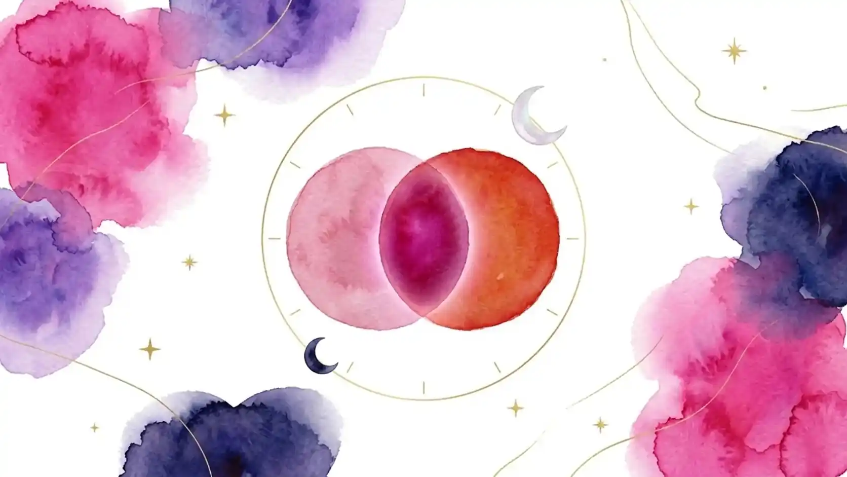 Two overlapping watercolour circles, pink and red-orange, inside a thin gold ring with tick marks; two crescent moons nearby and pink, violet and indigo washes at the edges